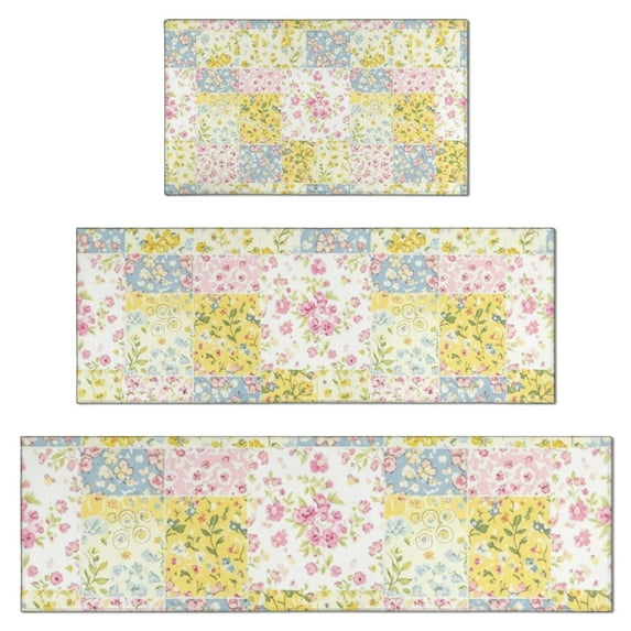 Pioneer Flower Floral Print Pattern Kitchen Rugs Sets Of 3,Kitchen Runner Rugs Non Skid Washable,Decorative Kitchen Floor Mats for Kitchen,Sink,Laundry,17X30 Inch + 17X47 Inch + 17X59 Inch