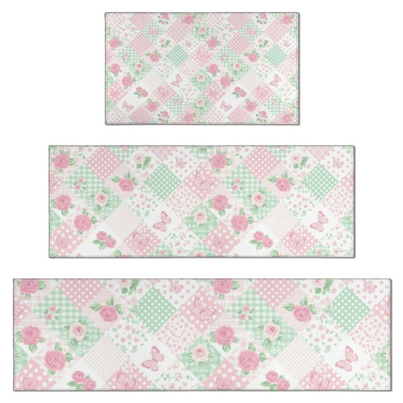 Pioneer Flower Floral Print Pattern Kitchen Rugs Sets Of 3,Kitchen Runner Rugs Non Skid Washable,Decorative Kitchen Floor Mats for Kitchen,Sink,Laundry,17X30 Inch + 17X47 Inch + 17X59 Inch
