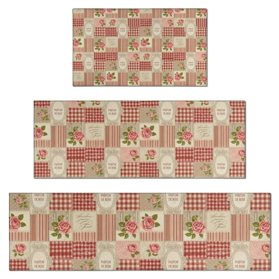 Pioneer Flower Floral Print Pattern Kitchen Rugs Sets Of 3,Kitchen Runner Rugs Non Skid Washable,Decorative Kitchen Floor Mats for Kitchen,Sink,Laundry,17X30 Inch + 17X47 Inch + 17X59 Inch