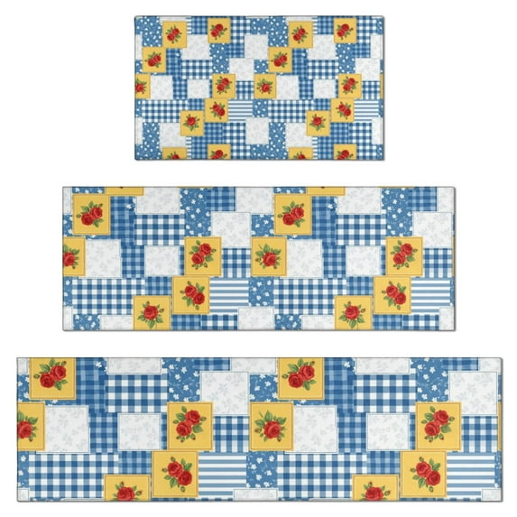 Pioneer Flower Floral Print Pattern Kitchen Rugs Sets Of 3,Kitchen Runner Rugs Non Skid Washable,Decorative Kitchen Floor Mats for Kitchen,Sink,Laundry,17X30 Inch + 17X47 Inch + 17X59 Inch