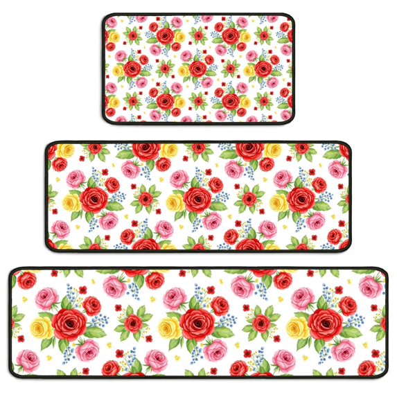 Pioneer Flower Floral Print Pattern Kitchen Rugs Sets Of 3,Kitchen Runner Rugs Non Skid Washable,Decorative Kitchen Floor Mats for Kitchen,Sink,Laundry,17X30 Inch + 17X47 Inch + 17X59 Inch