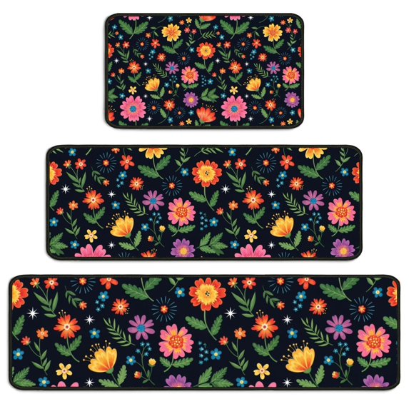 Pioneer Flower Floral Print Pattern Kitchen Rugs Sets Of 3,Kitchen Runner Rugs Non Skid Washable,Decorative Kitchen Floor Mats for Kitchen,Sink,Laundry,17X30 Inch + 17X47 Inch + 17X59 Inch
