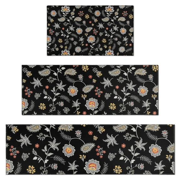 Pioneer Flower Floral Print Pattern Kitchen Rugs Sets Of 3,Kitchen Runner Rugs Non Skid Washable,Decorative Kitchen Floor Mats for Kitchen,Sink,Laundry,17X30 Inch + 17X47 Inch + 17X59 Inch