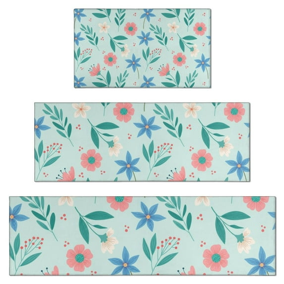 Pioneer Flower Floral Print Pattern Kitchen Rugs Sets Of 3,Kitchen Runner Rugs Non Skid Washable,Decorative Kitchen Floor Mats for Kitchen,Sink,Laundry,17X30 Inch + 17X47 Inch + 17X59 Inch