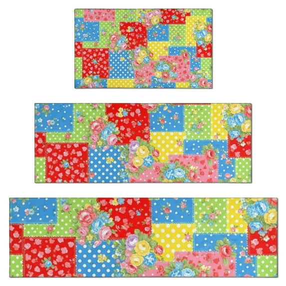Pioneer Flower Floral Print Pattern Kitchen Rugs Sets Of 3,Kitchen Runner Rugs Non Skid Washable,Decorative Kitchen Floor Mats for Kitchen,Sink,Laundry,17X30 Inch + 17X47 Inch + 17X59 Inch