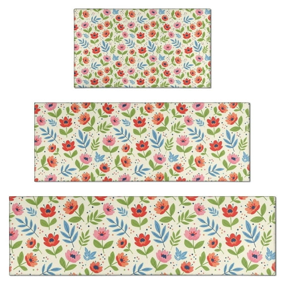 Pioneer Flower Floral Print Pattern Kitchen Rugs Sets Of 3,Kitchen Runner Rugs Non Skid Washable,Decorative Kitchen Floor Mats for Kitchen,Sink,Laundry,17X30 Inch + 17X47 Inch + 17X59 Inch