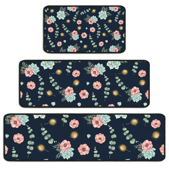 Pioneer Flower Floral Print Pattern Kitchen Rugs Sets Of 3,Kitchen Runner Rugs Non Skid Washable,Decorative Kitchen Floor Mats for Kitchen,Sink,Laundry,17X30 Inch + 17X47 Inch + 17X59 Inch