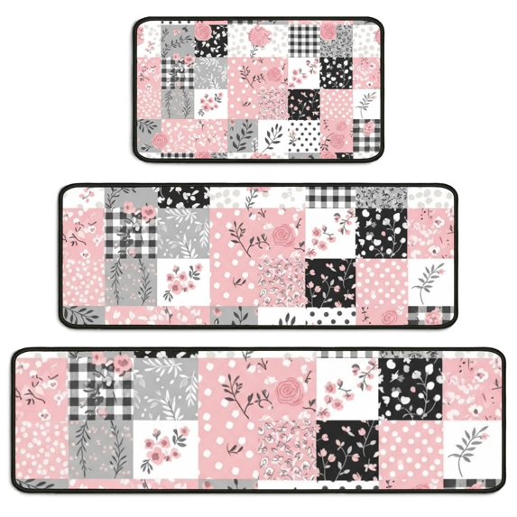 Pioneer Flower Floral Print Pattern Kitchen Rugs Sets Of 3,Kitchen Runner Rugs Non Skid Washable,Decorative Kitchen Floor Mats for Kitchen,Sink,Laundry,17X30 Inch + 17X47 Inch + 17X59 Inch