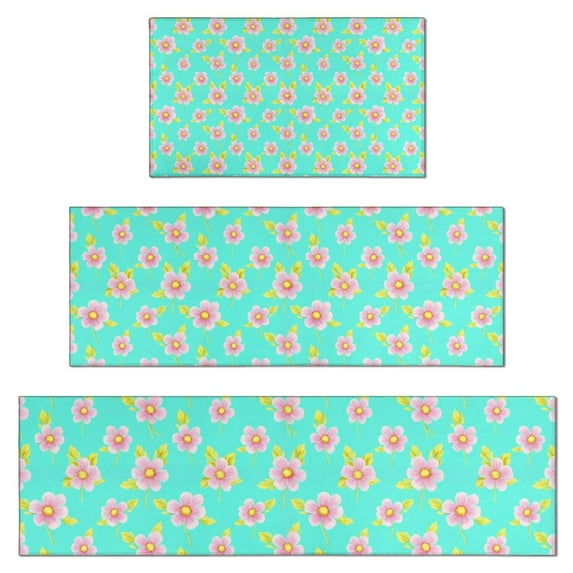 Pioneer Flower Floral Print Pattern Kitchen Rugs Sets Of 3,Kitchen Runner Rugs Non Skid Washable,Decorative Kitchen Floor Mats for Kitchen,Sink,Laundry,17X30 Inch + 17X47 Inch + 17X59 Inch