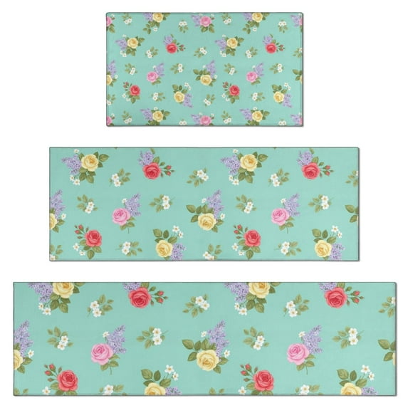Pioneer Flower Floral Print Pattern Kitchen Rugs Sets Of 3,Kitchen Runner Rugs Non Skid Washable,Decorative Kitchen Floor Mats for Kitchen,Sink,Laundry,17X30 Inch + 17X47 Inch + 17X59 Inch