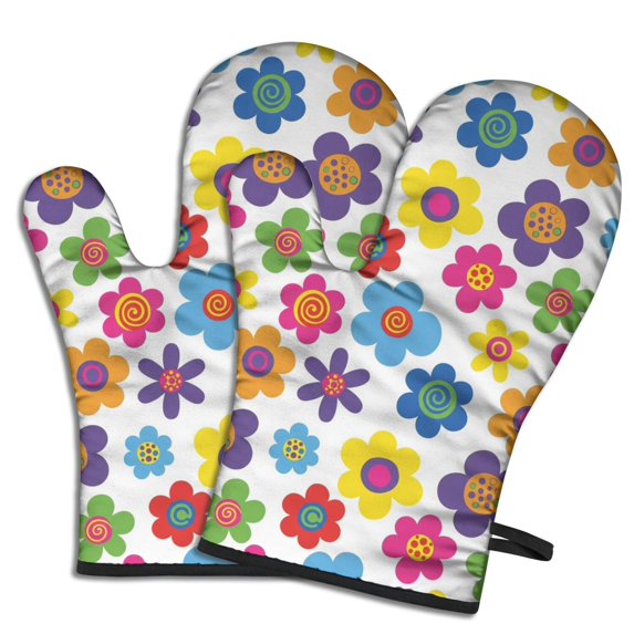 Pioneer Flower Floral Print Pattern Oven Mitt 2-Pack Set, Heat Resistant Kitchen Gloves, 7.7" X 12"