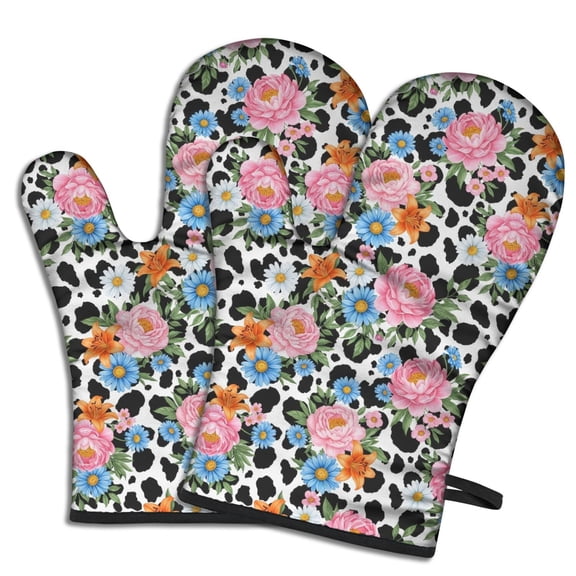 Pioneer Flower Floral Print Pattern Oven Mitt 2-Pack Set, Heat Resistant Kitchen Gloves, 7.7" X 12"