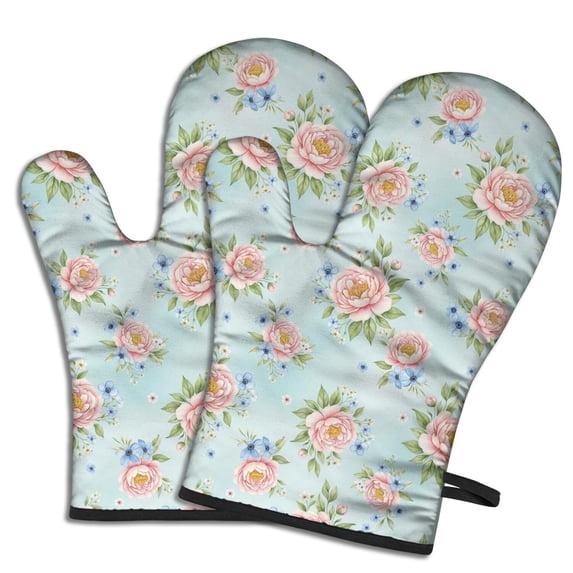 Pioneer Flower Floral Print Pattern Oven Mitt 2-Pack Set, Heat Resistant Kitchen Gloves, 7.7" X 12"