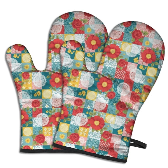 Pioneer Flower Floral Print Pattern Oven Mitt 2-Pack Set, Heat Resistant Kitchen Gloves, 7.7" X 12"
