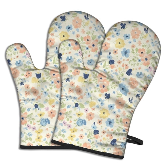 Pioneer Flower Floral Print Pattern Oven Mitt 2-Pack Set, Heat Resistant Kitchen Gloves, 7.7" X 12"