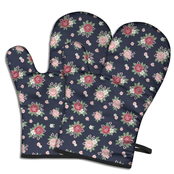 Pioneer Flower Floral Print Pattern Oven Mitt 2-Pack Set, Heat Resistant Kitchen Gloves, 7.7" X 12"