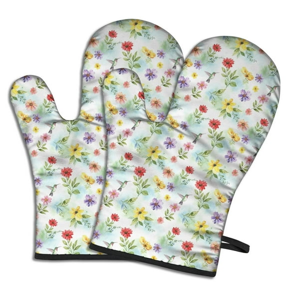 Pioneer Flower Floral Print Pattern Oven Mitt 2-Pack Set, Heat Resistant Kitchen Gloves, 7.7" X 12"