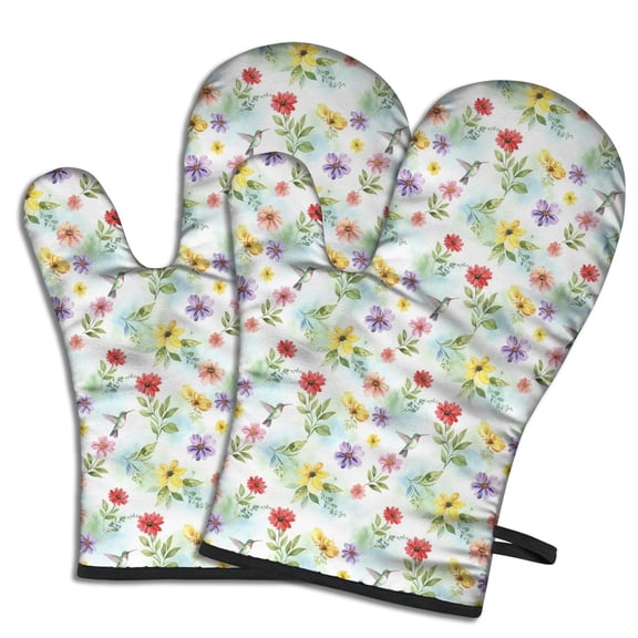 Pioneer Flower Floral Print Pattern Oven Mitt 2-Pack Set, Heat Resistant Kitchen Gloves, 7.7" X 12"