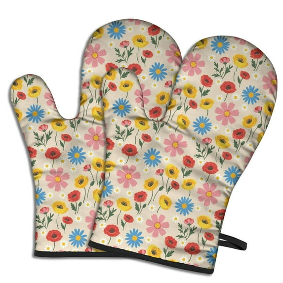 Pioneer Flower Floral Print Pattern Oven Mitt 2-Pack Set, Heat Resistant Kitchen Gloves, 7.7" X 12"