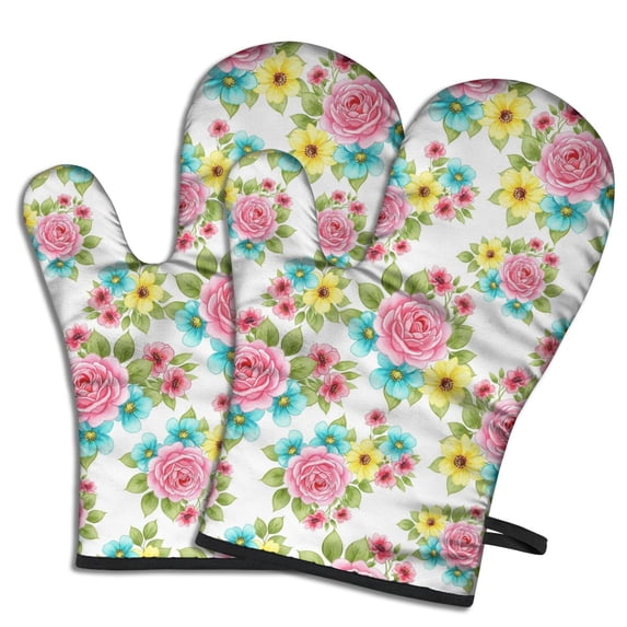 Pioneer Flower Floral Print Pattern Oven Mitt 2-Pack Set, Heat Resistant Kitchen Gloves, 7.7" X 12"
