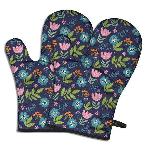 Pioneer Flower Floral Print Pattern Oven Mitt 2-Pack Set, Heat Resistant Kitchen Gloves, 7.7" X 12"