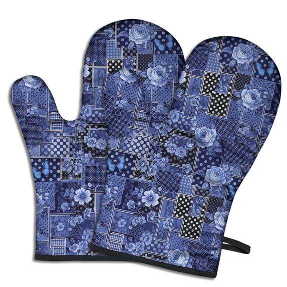 Pioneer Flower Floral Print Pattern Oven Mitt 2-Pack Set, Heat Resistant Kitchen Gloves, 7.7" X 12"