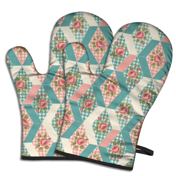 Pioneer Flower Floral Print Pattern Oven Mitt 2-Pack Set, Heat Resistant Kitchen Gloves, 7.7" X 12"