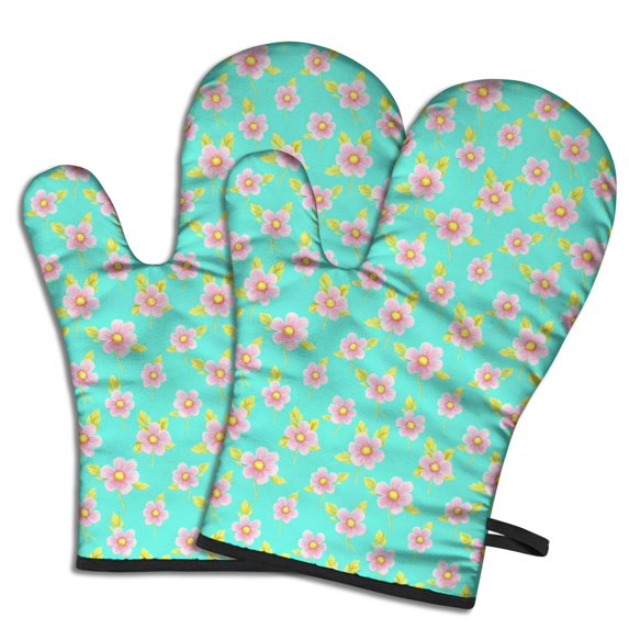 Pioneer Flower Floral Print Pattern Oven Mitt 2-Pack Set, Heat Resistant Kitchen Gloves, 7.7" X 12"