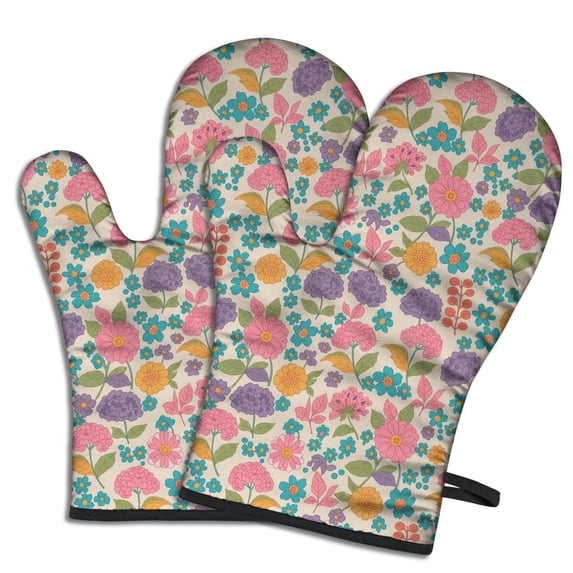 Pioneer Flower Floral Print Pattern Oven Mitt 2-Pack Set, Heat Resistant Kitchen Gloves, 7.7" X 12"