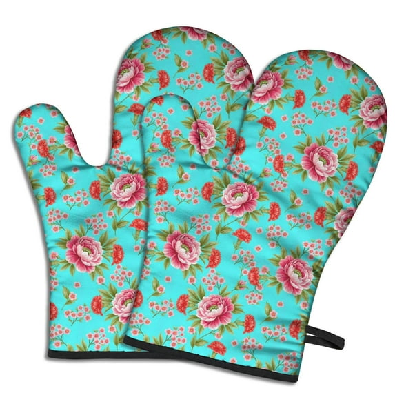 Pioneer Flower Floral Print Pattern Oven Mitt 2-Pack Set, Heat Resistant Kitchen Gloves, 7.7" X 12"