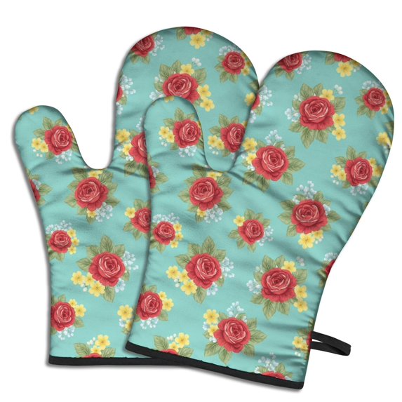 Pioneer Flower Floral Print Pattern Oven Mitt 2-Pack Set, Heat Resistant Kitchen Gloves, 7.7" X 12"