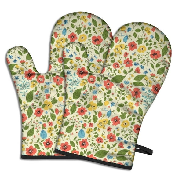 Pioneer Flower Floral Print Pattern Oven Mitt 2-Pack Set, Heat Resistant Kitchen Gloves, 7.7" X 12"