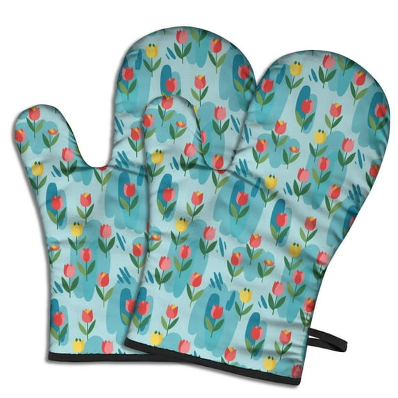 Pioneer Flower Floral Print Pattern Oven Mitt 2-Pack Set, Heat Resistant Kitchen Gloves, 7.7" X 12"
