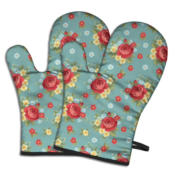 Pioneer Flower Floral Print Pattern Oven Mitt 2-Pack Set, Heat Resistant Kitchen Gloves, 7.7" X 12"