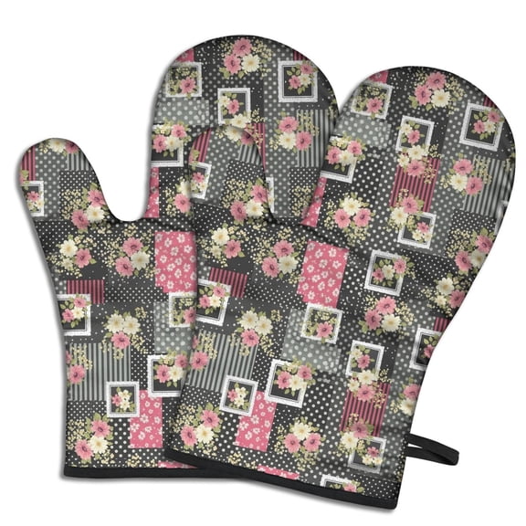 Pioneer Flower Floral Print Pattern Oven Mitt 2-Pack Set, Heat Resistant Kitchen Gloves, 7.7" X 12"