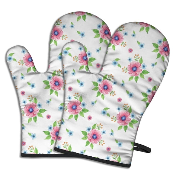 Pioneer Flower Floral Print Pattern Oven Mitt 2-Pack Set, Heat Resistant Kitchen Gloves, 7.7" X 12"