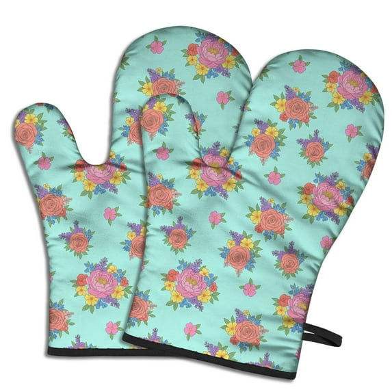 Pioneer Flower Floral Print Pattern Oven Mitt 2-Pack Set, Heat Resistant Kitchen Gloves, 7.7" X 12"
