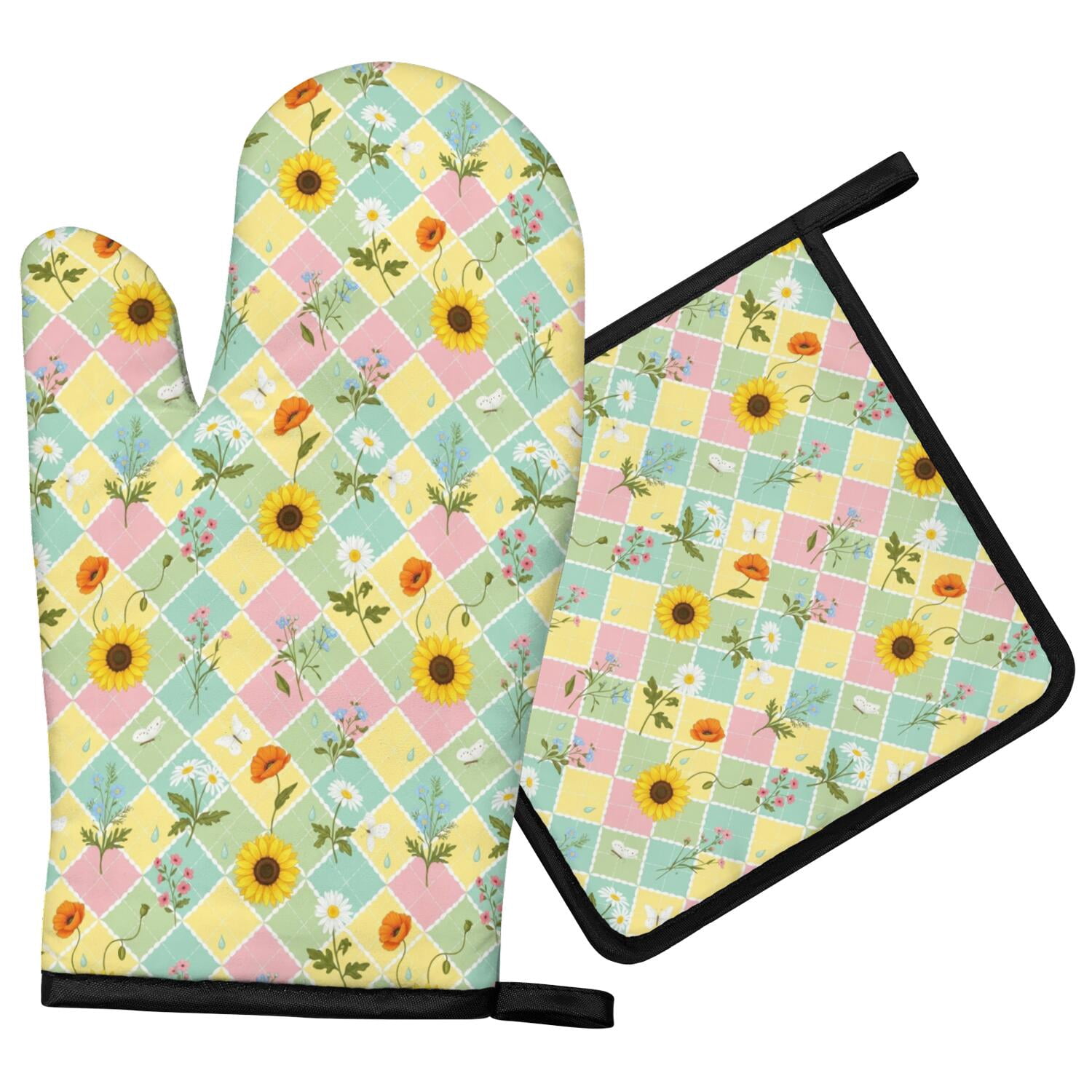 Pioneer Flower Floral Print Pattern Oven Mitt Pot Holder Set, Polyester ...
