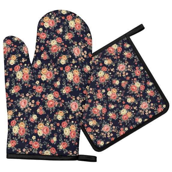 Loop Concert Pioneer Flower Floral Print Pattern Oven Mitt Pot Holder Set, Polyester ...