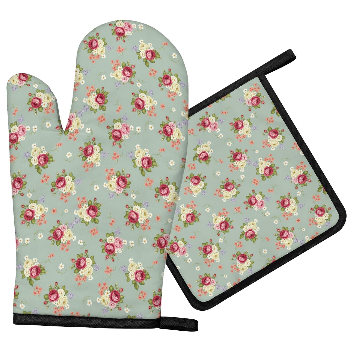 Bbq Banner Examples Pioneer Flower Floral Print Pattern Oven Mitt Pot Holder Set, Polyester ...
