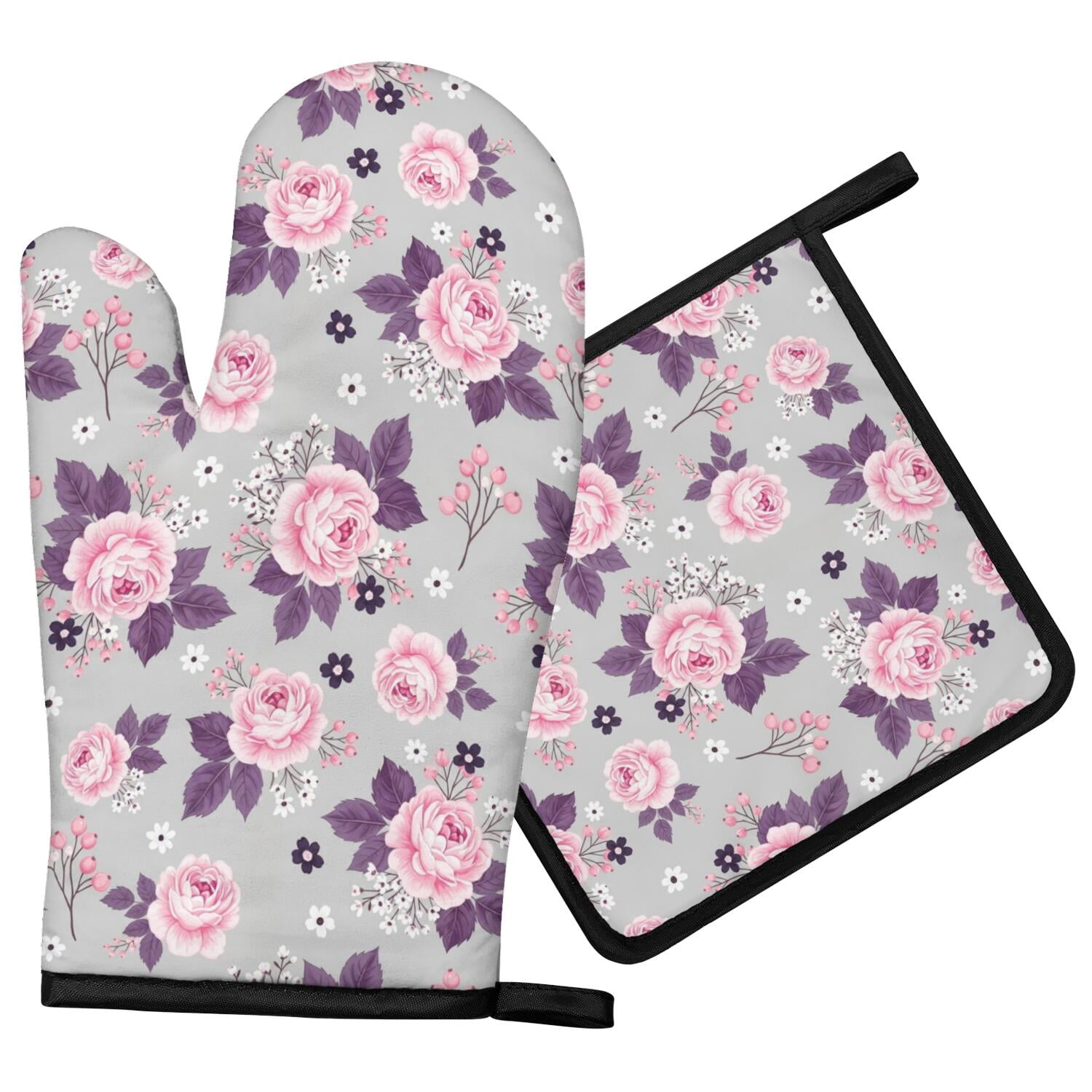 Pioneer Flower Floral Print Pattern Oven Mitt Pot Holder Set, Polyester ...