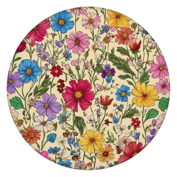 Pioneer Flower Floral Print Pattern Round Fitted Tablecloth with Elastic Edge,Dining Table Cover Waterproof,Outdoor Round Tablecloth for Camping,Dining,Indoor and Outdoor