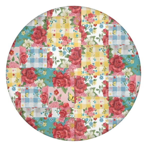 Pioneer Flower Floral Print Pattern Round Fitted Tablecloth with Elastic Edge,Dining Table Cover Waterproof,Outdoor Round Tablecloth for Camping,Dining,Indoor and Outdoor