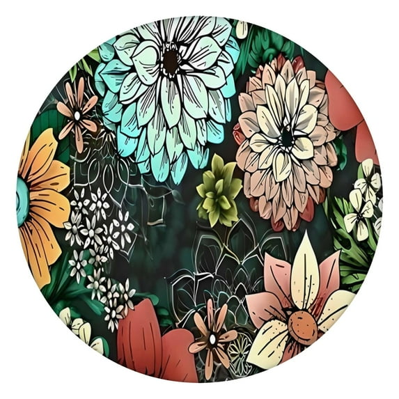 Pioneer Flower Floral Print Pattern Round Fitted Tablecloth with Elastic Edge,Dining Table Cover Waterproof,Outdoor Round Tablecloth for Camping,Dining,Indoor and Outdoor
