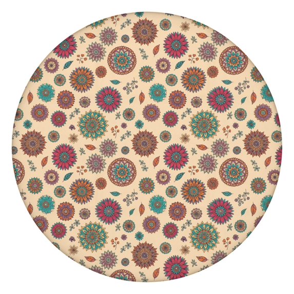 Pioneer Flower Floral Print Pattern Round Fitted Tablecloth with Elastic Edge, Waterproof Dining Table Cover for Indoor Outdoor Camping and Daily Use
