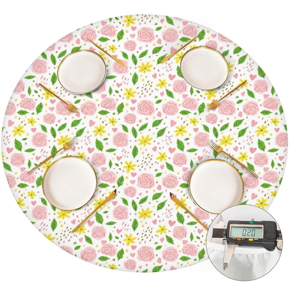 Pioneer Flower Floral Print Pattern Round Fitted Tablecloth with Elastic Edge, Waterproof Dining Table Cover for Indoor Outdoor Camping and Daily Use