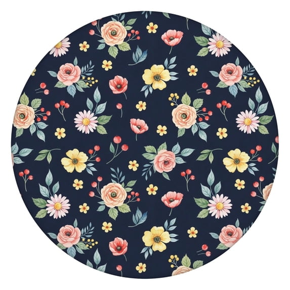 Pioneer Flower Floral Print Pattern Round Fitted Tablecloth with Elastic Edge, Waterproof Dining Table Cover for Indoor Outdoor Camping and Daily Use