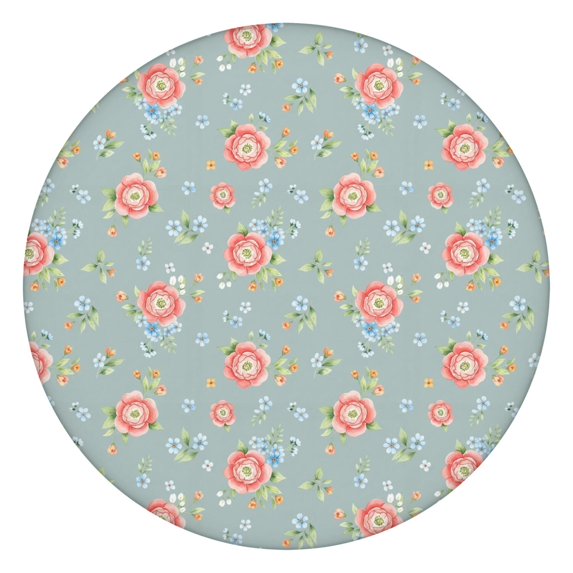 Pioneer Flower Floral Print Pattern Round Fitted Tablecloth with Elastic Edge, Waterproof Dining Table Cover for Indoor Outdoor Camping and Daily Use