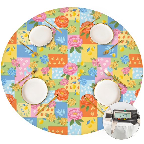 Pioneer Flower Floral Print Pattern Round Fitted Tablecloth with Elastic Edge, Waterproof Dining Table Cover for Indoor Outdoor Camping and Daily Use