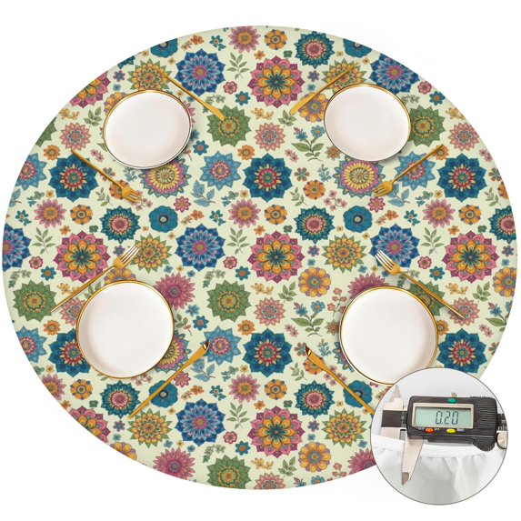 Pioneer Flower Floral Print Pattern Round Fitted Tablecloth with Elastic Edge, Waterproof Dining Table Cover for Indoor Outdoor Camping and Daily Use
